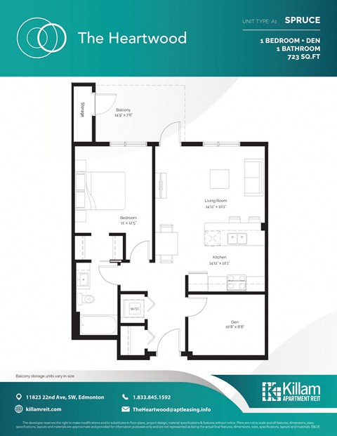 Spruce Unit Type A1 - 1 Bedroom + Den - 723 SQ FT